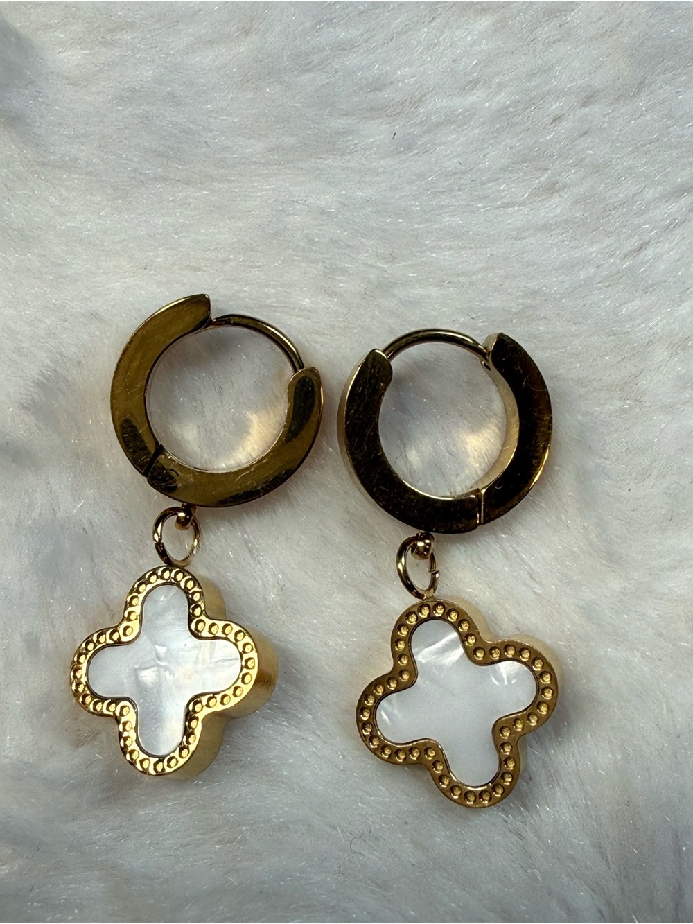 Gold Tone Mother-of-Pearl Clover Drop Hoop Earrings